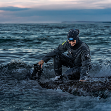 Close up of Kevlar reinforced pads on SF Tech drysuit for abrasion resistance.