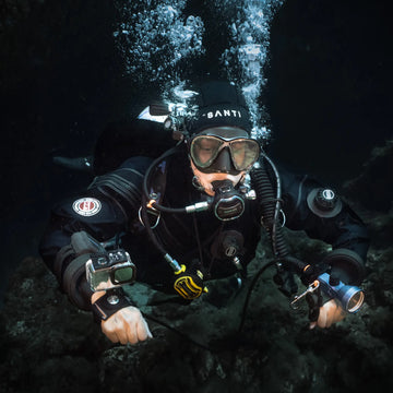 Advanced technical diving equipment including CCR units displayed for social media content