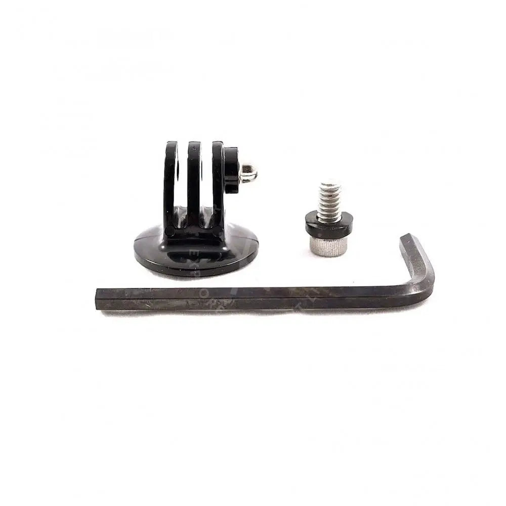 Black plastic gopro tripod adapter with silver screw and black hex key for secure camera mounting