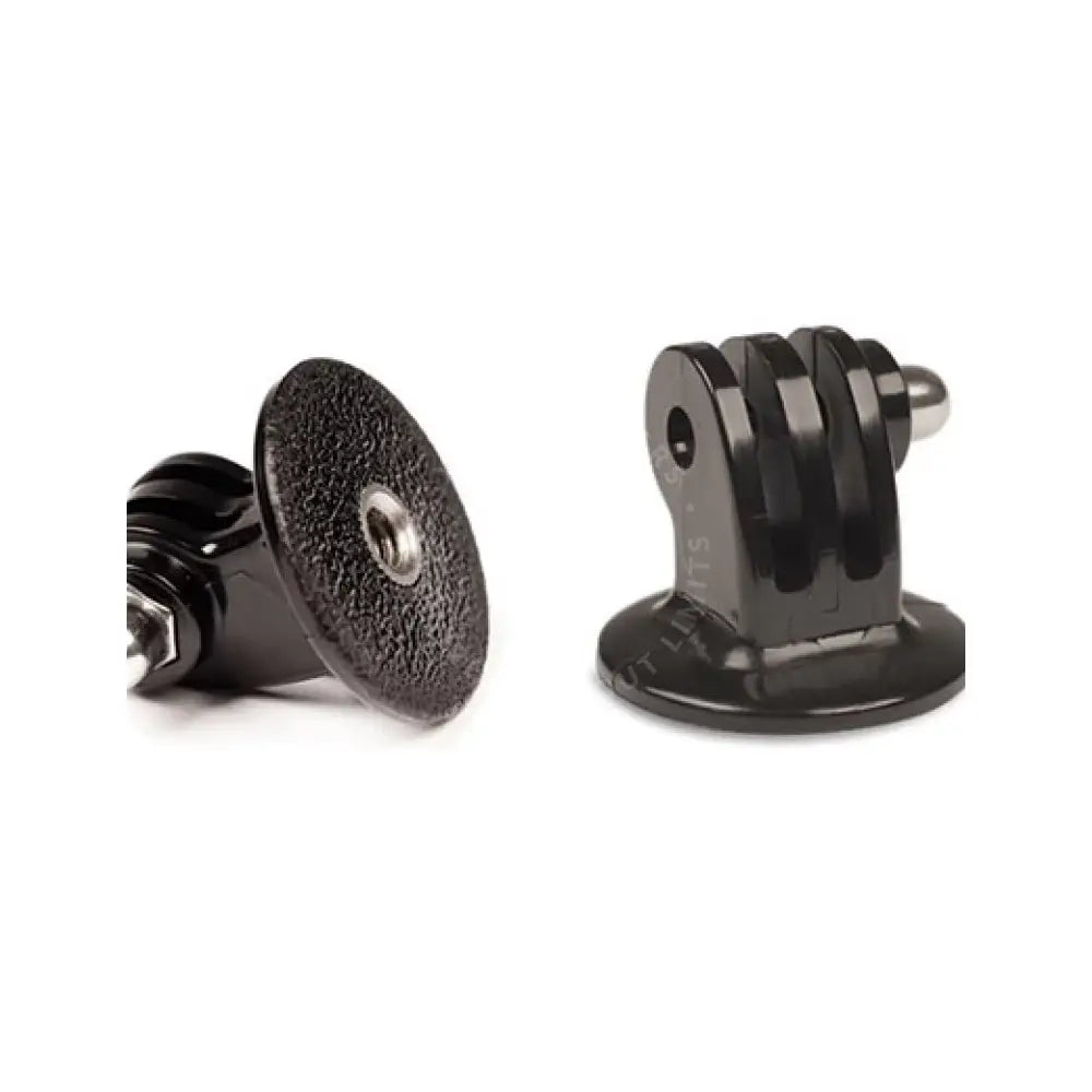 Black plastic gopro tripod adapter with textured circular base and adjustable arm for secure camera attachment
