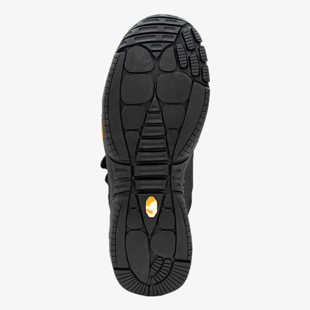 Black sole of a shoe with a yellow logo on a white background