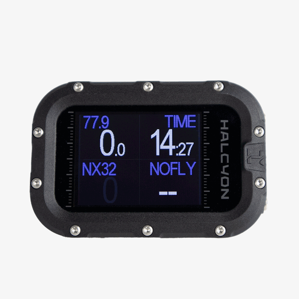 A modern Halcyon Symbios handset with a digital display showing dive information, featuring a black casing with blue accents.