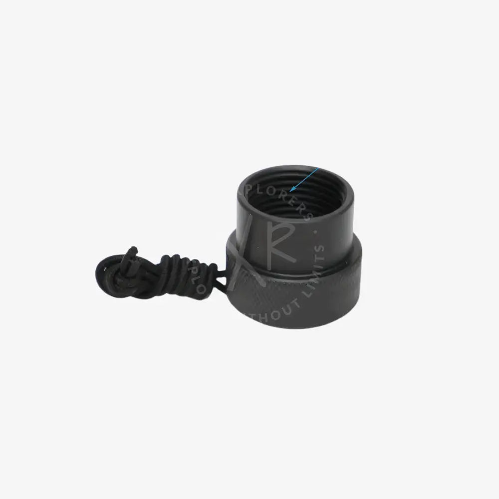Black threaded connector with coiled cable, labeled with dimensions on a white background