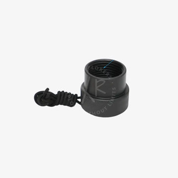 Black threaded connector with coiled cable, labeled with dimensions on a white background