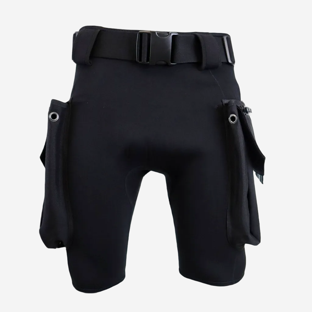 A pair of black Halcyon tech dive shorts with cargo pockets and a wide waist strap with a plastic buckle.