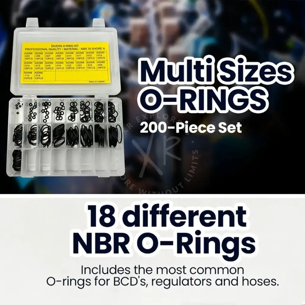 Clear plastic organizer box with 200 black nbr rubber diving o-rings in 18 different sizes for sealing use