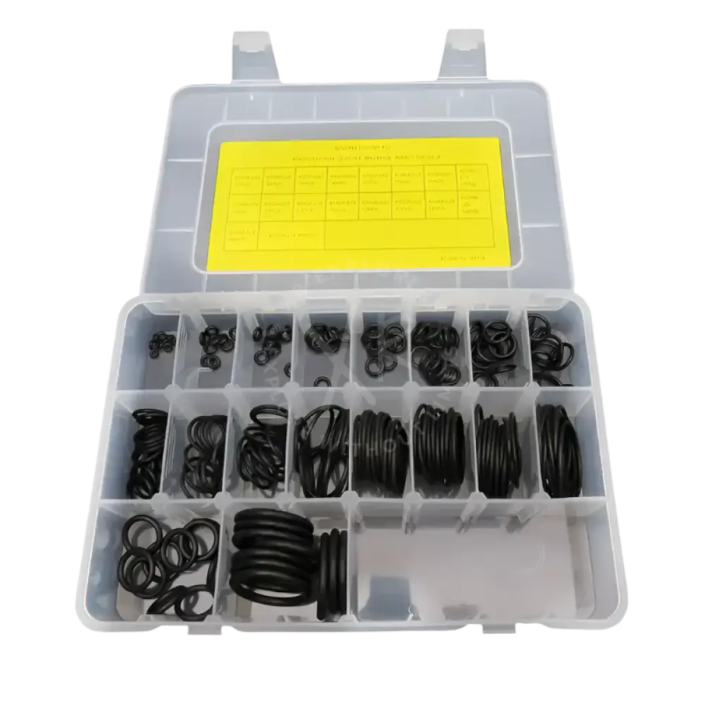 Black rubber diving o-ring set in 18 sizes organized in a clear plastic storage case with 200 pieces