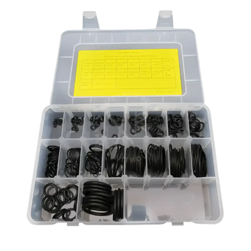 Black rubber diving o-ring set in 18 sizes organized in a clear plastic storage case with 200 pieces