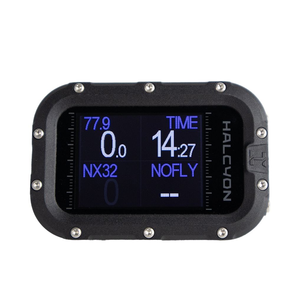 A modern Halcyon Symbios handset with a digital display showing dive information, featuring a black casing with blue accents.