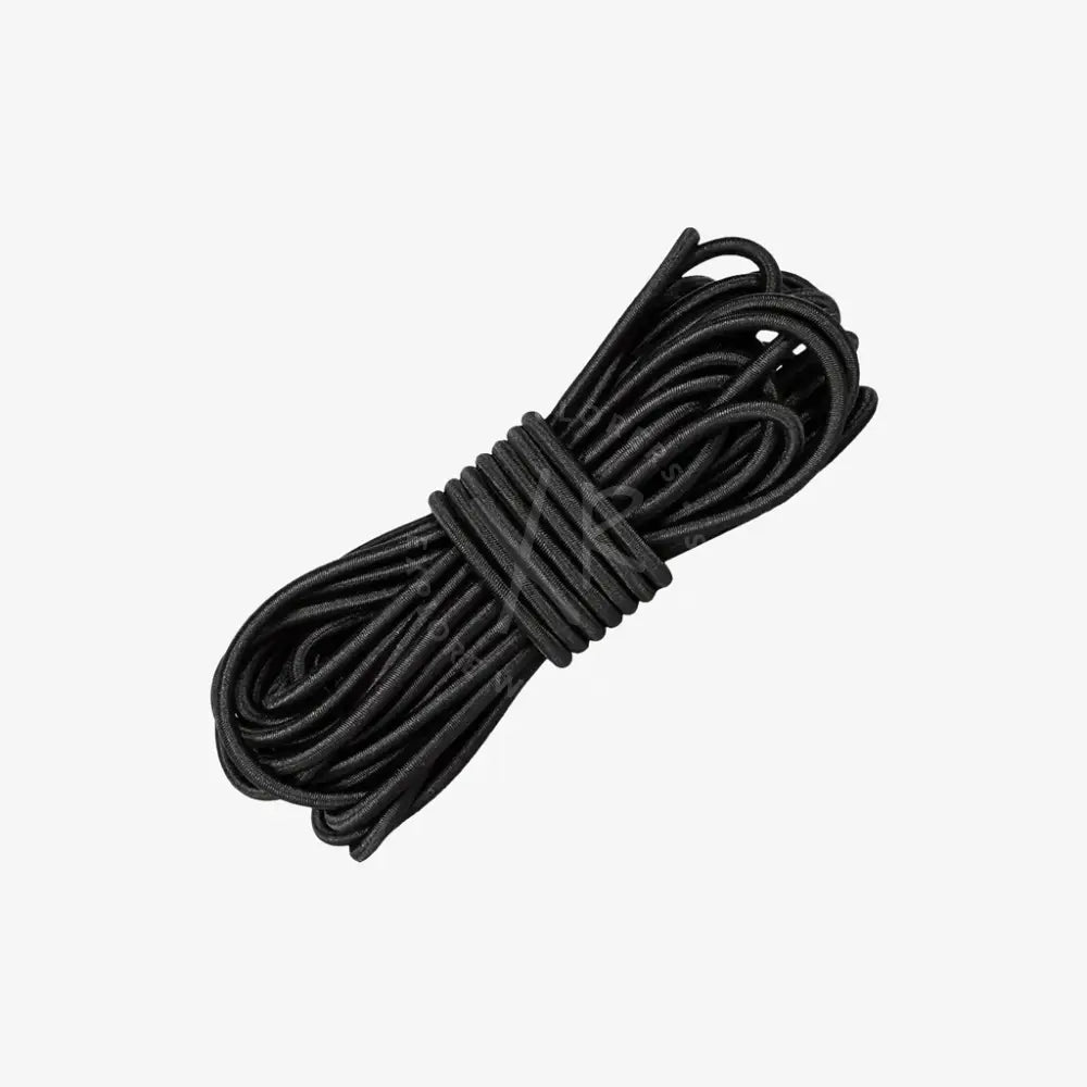A black bungee cord tightly bound by a black band, preventing it from unraveling.