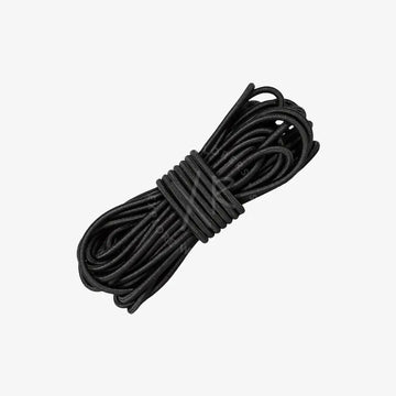 A black bungee cord tightly bound by a black band, preventing it from unraveling.