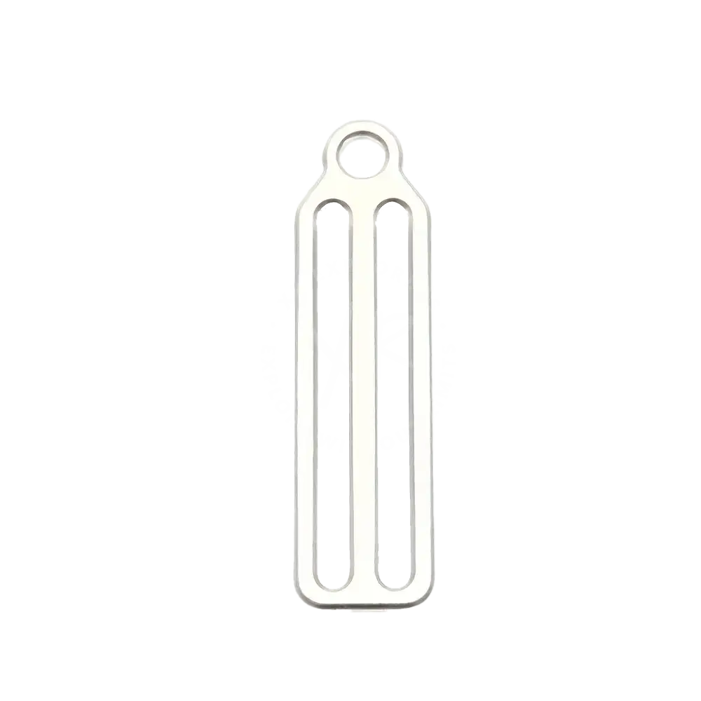 Silver-toned metal bungee tri-glide keychain with sleek rectangular design and two vertical cutouts with circular loop