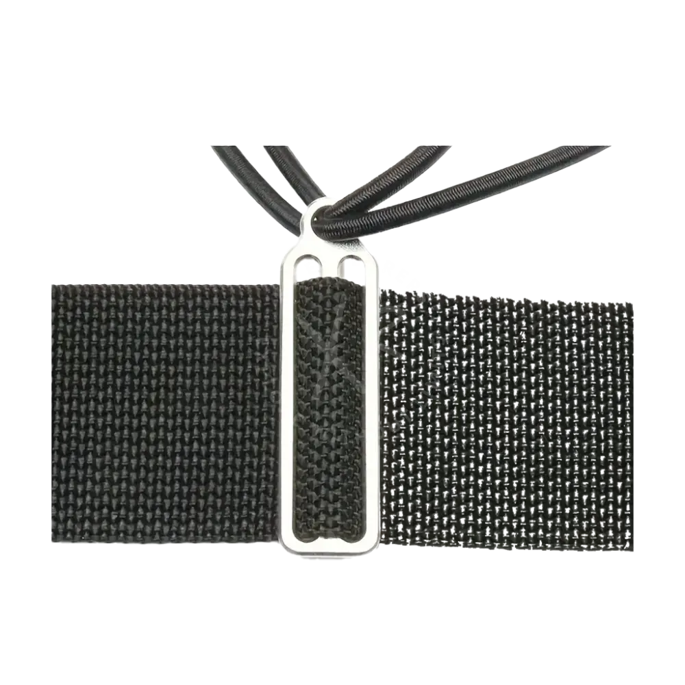 Black woven nylon bungee tri glide belt with silver-toned metal buckle and integrated elastic strap