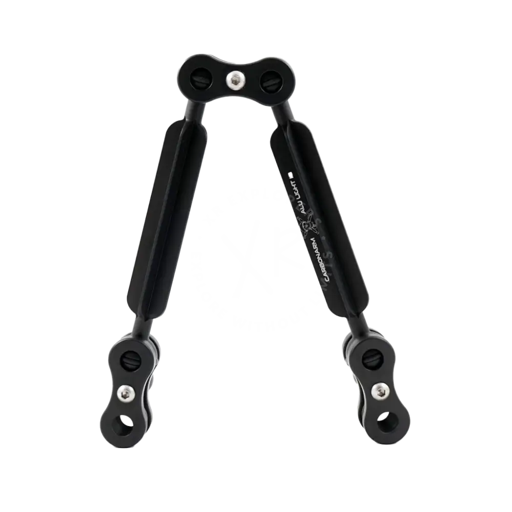 Black carbon fiber a-frame camera stabilizer with silver screws and branded text from aluminum arms standard kits