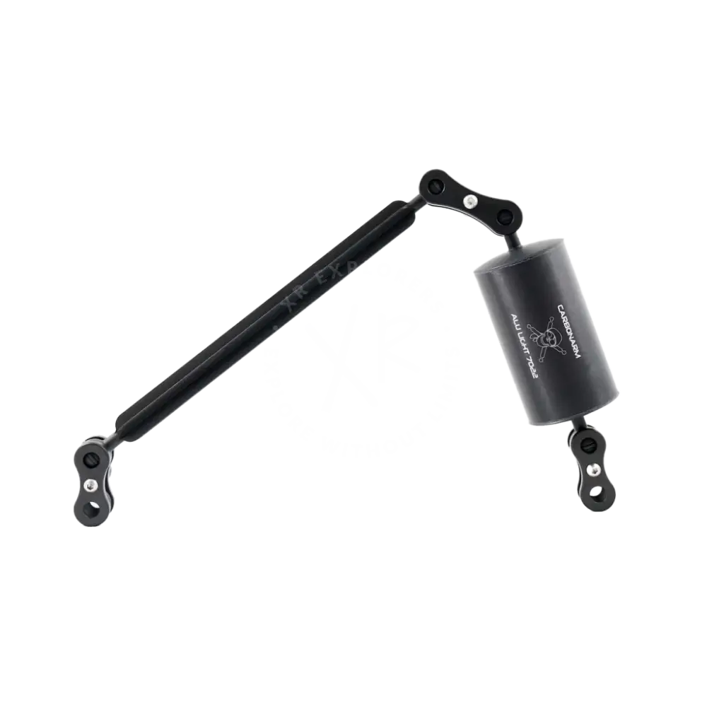 Black carbon fiber gas spring with cylindrical body and articulated arms in aluminum floating arms kit 60 series product
