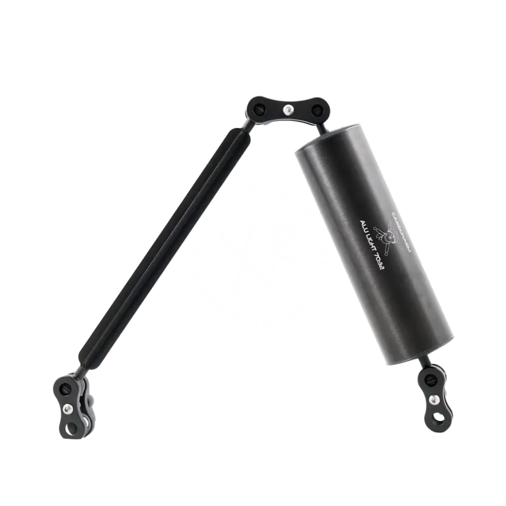Black aluminum gas spring with matte finish and branded text for aluminum floating arms kit 70 series