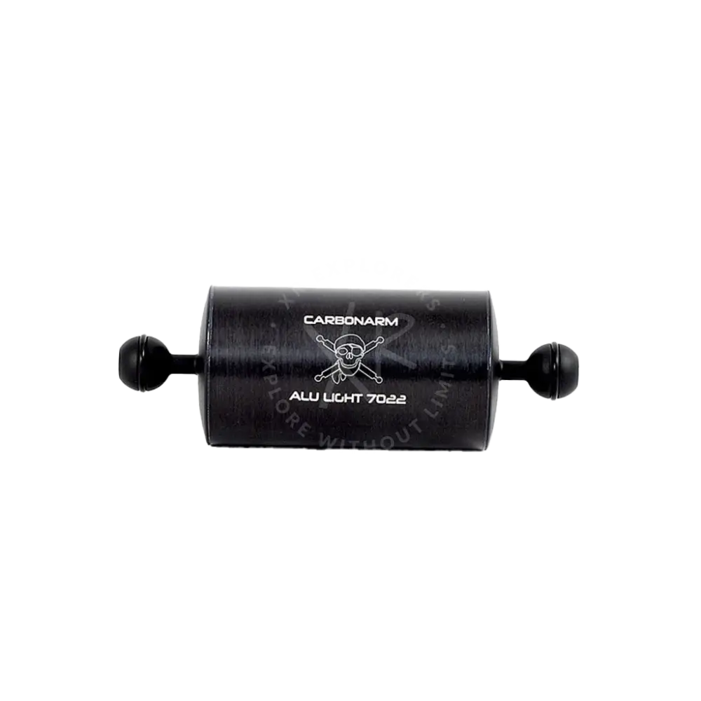 Black cylindrical aluminum floating arm light fixture with spherical end caps and engraved branding