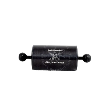 Black cylindrical aluminum floating arm light fixture with spherical end caps and engraved branding