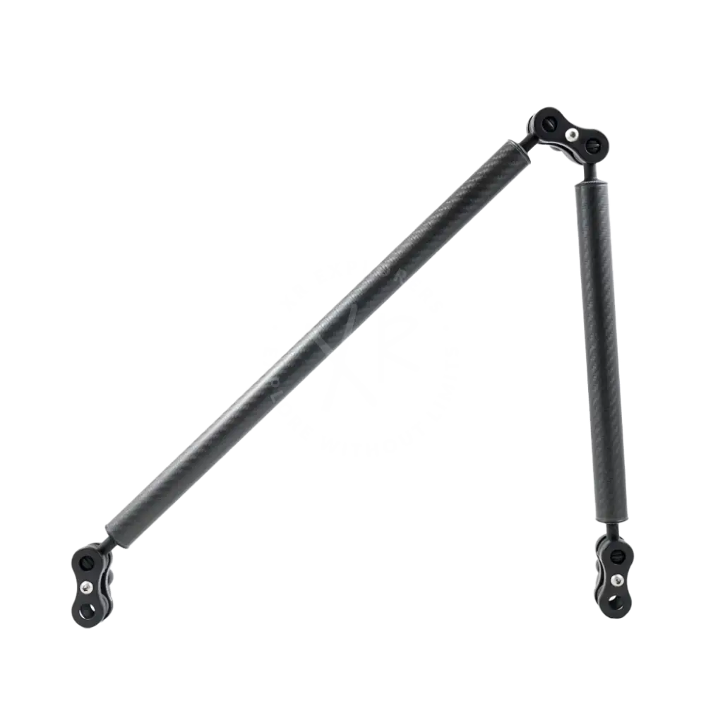 Black carbon fiber extension arm with articulated joints and mounting hardware from carbon arm standard kits
