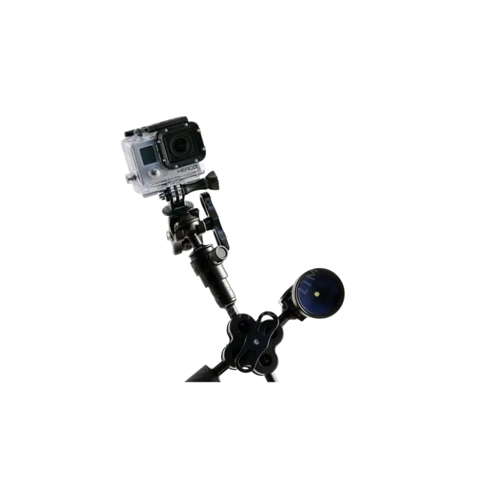Black gopro camera mounted on flexible quick release carbon arms tripod with attached lens for versatile shooting