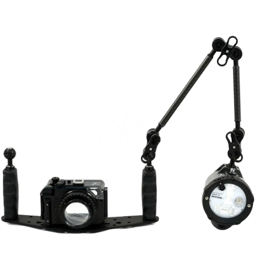 Black underwater camera rig with carbon arm slim articulated arms and mounted flash unit for underwater photography