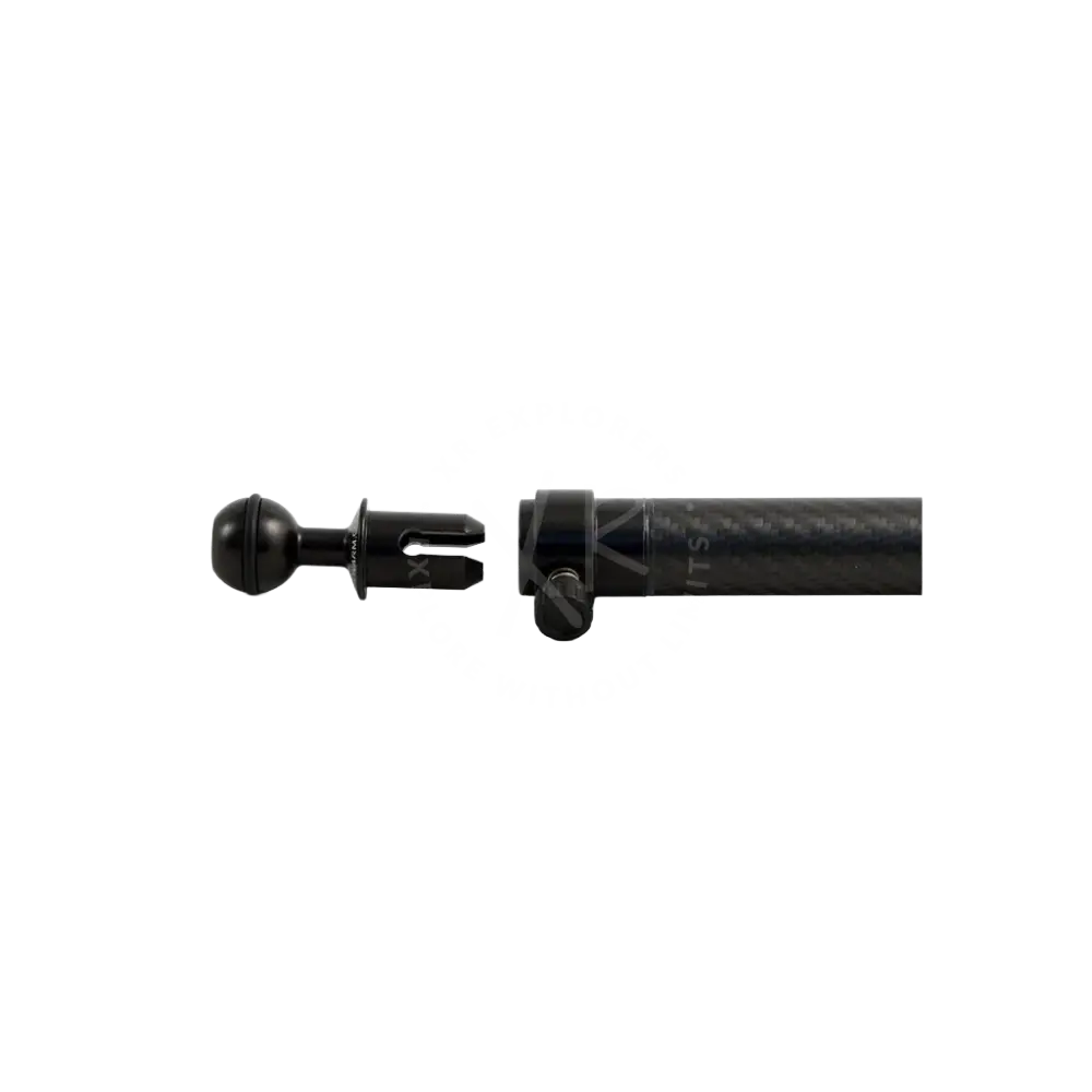Black carbon fiber quick release camera mount with spherical ball joint and adjustable clamp for versatile positioning