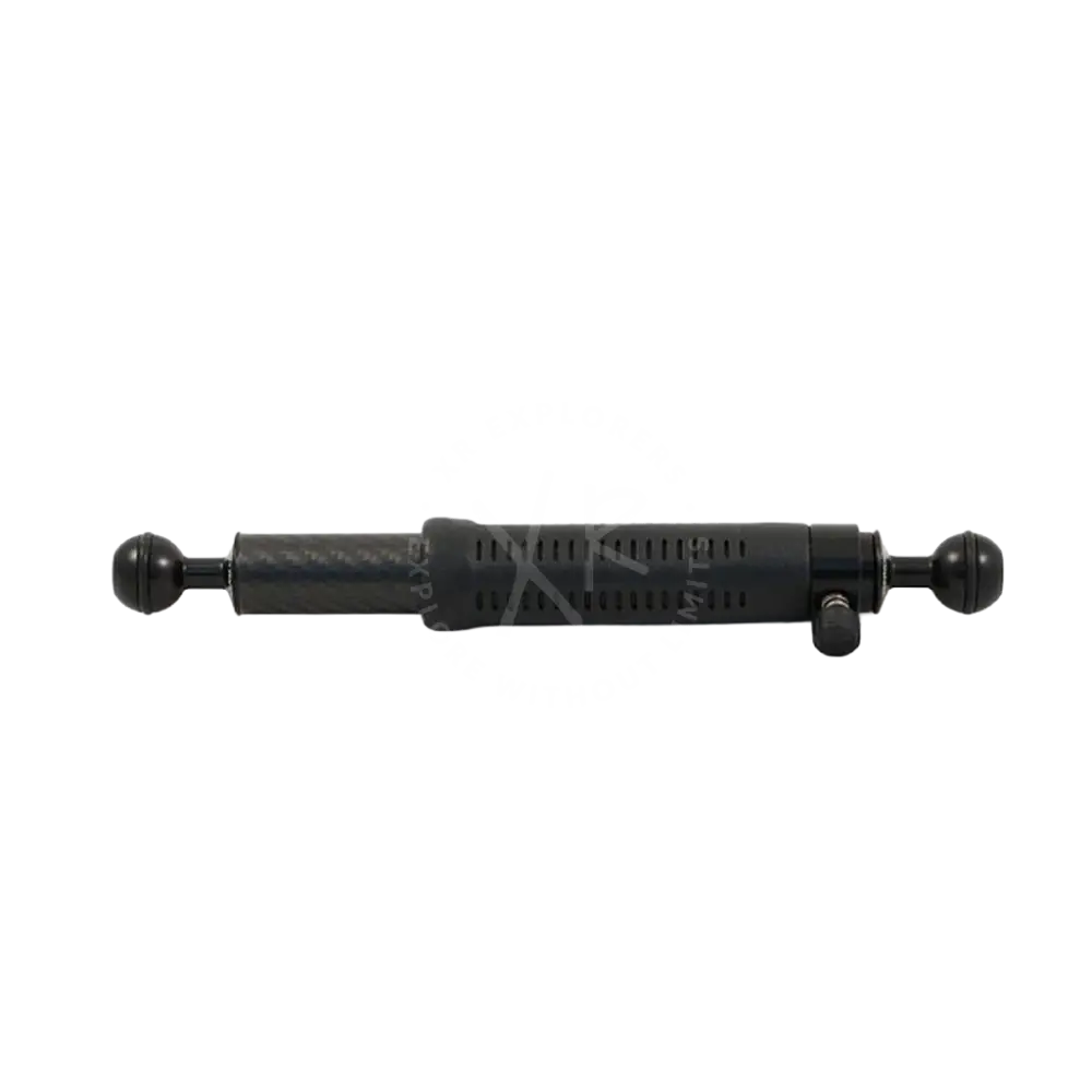 Black metal quick release carbon arm shock absorber with spherical ends and ribbed central body for grip