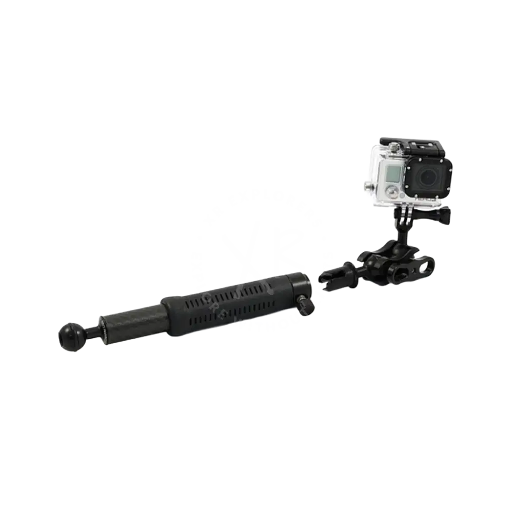 Black adjustable quick release carbon arm camera stabilizer with grip and gopro mounted on its clamp