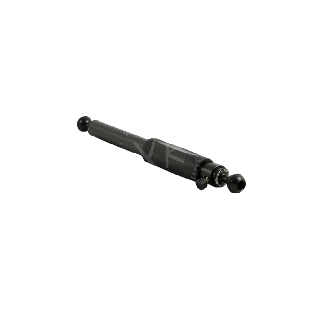 Black cylindrical quick release carbon arm shock absorber with spherical ends and threaded adjustment knob
