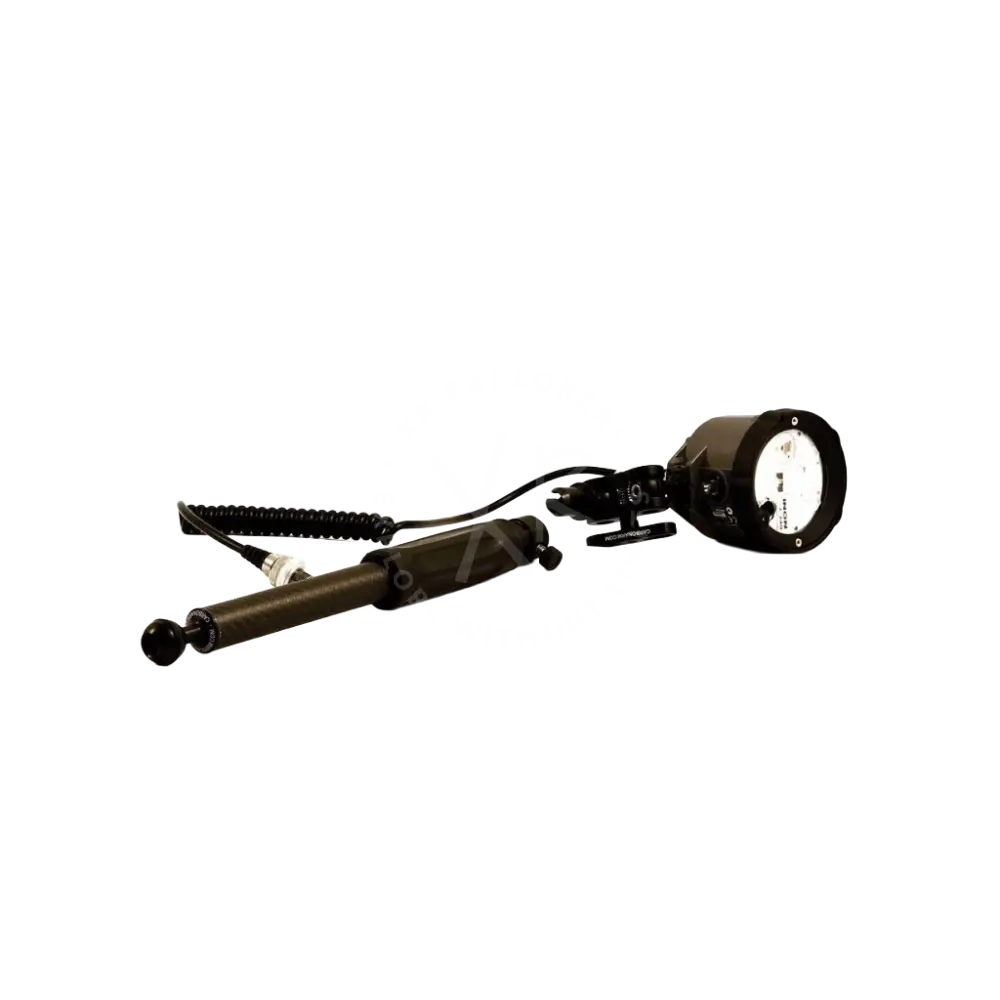 Black handheld spotlight with adjustable head and coiled cable attached to quick release carbon arm with grip