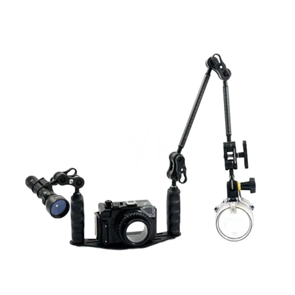 Black carbon arm slim underwater camera rig with adjustable arms and two lights for underwater photography