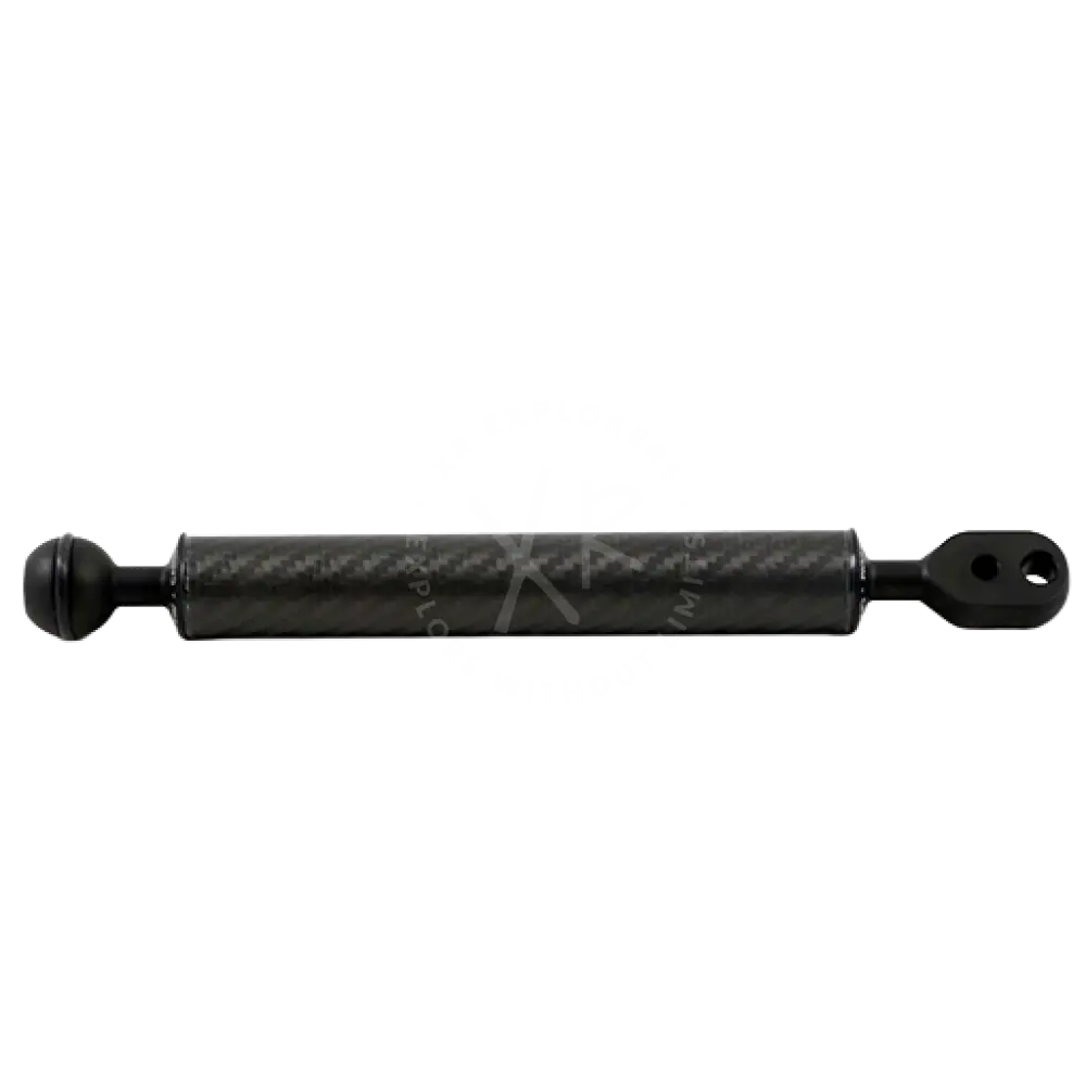 Black carbon fiber gas spring with spherical end cap and mounting bracket from the carbonarm universal ball series