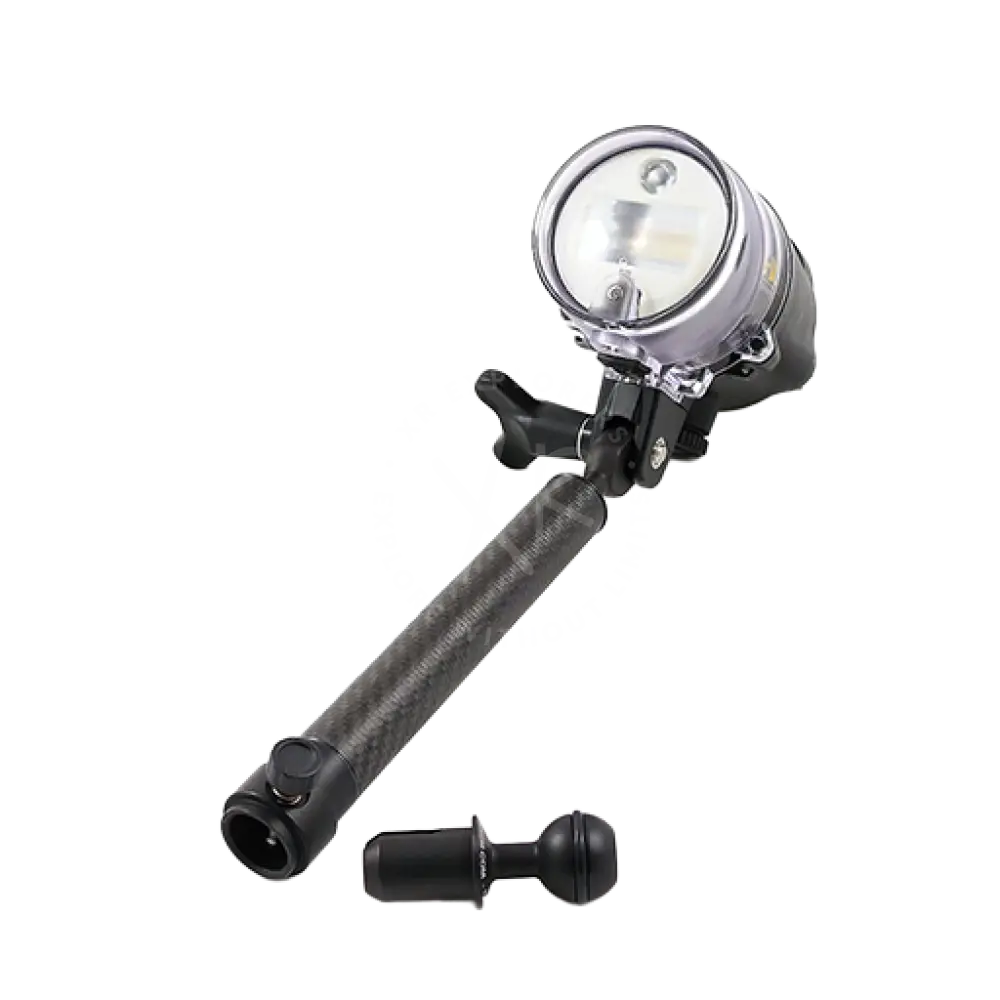 Carbonarm UN black carbon fiber selfie stick with silver circular led light head and detachable ball joint mount