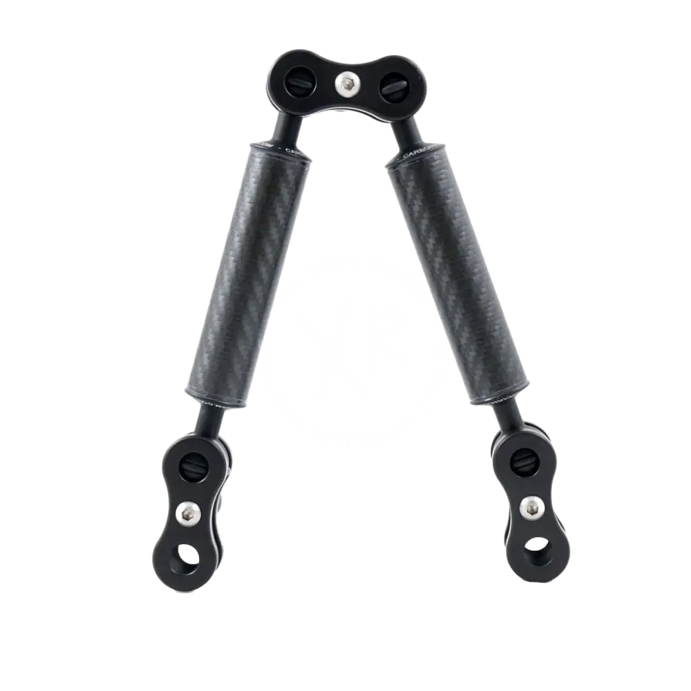 Black carbon fiber handlebar grip extender with metallic hardware from carbon arm standard kits visible from back side
