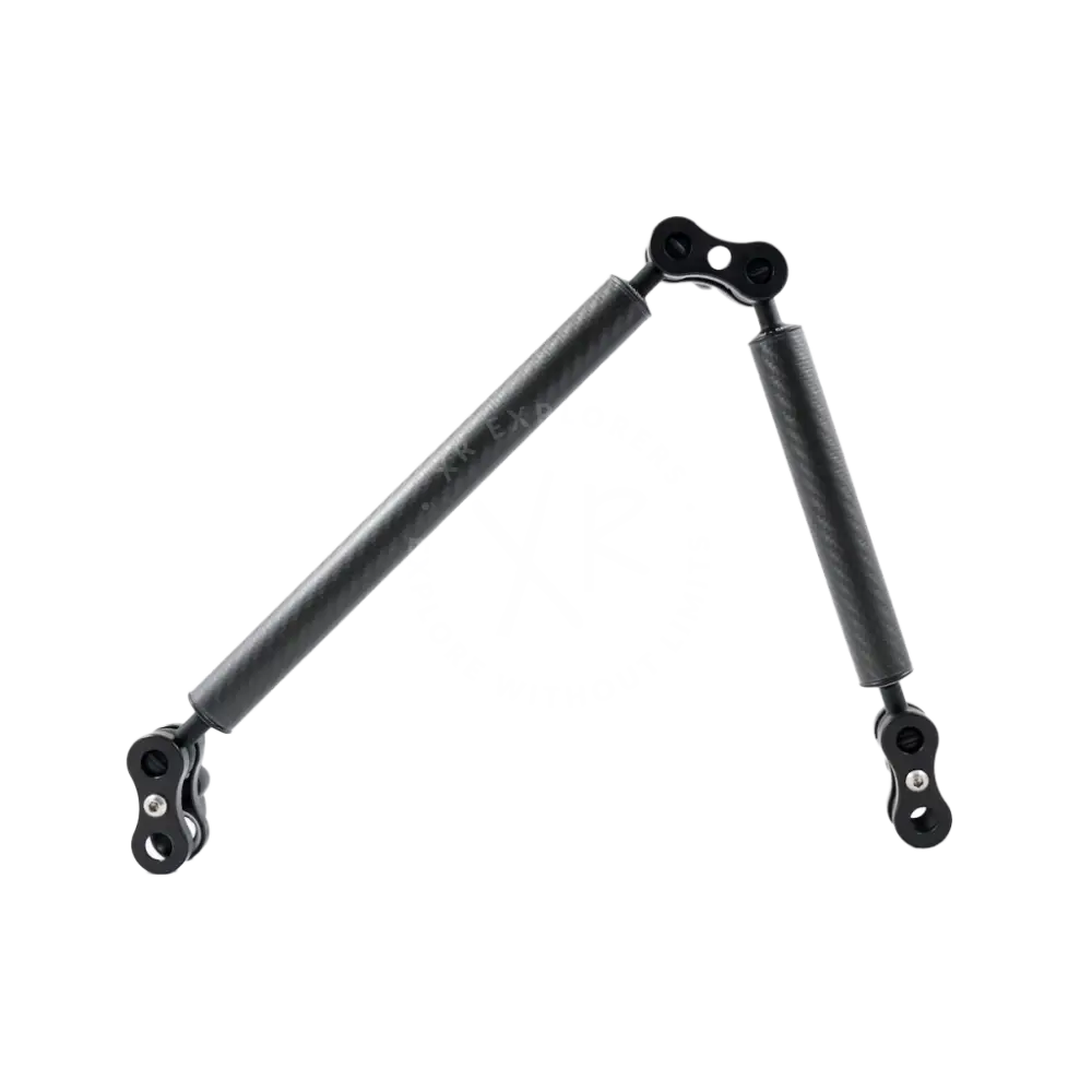 Black carbon fiber telescopic arm with articulated joints and mounting hardware from carbon arm standard kits
