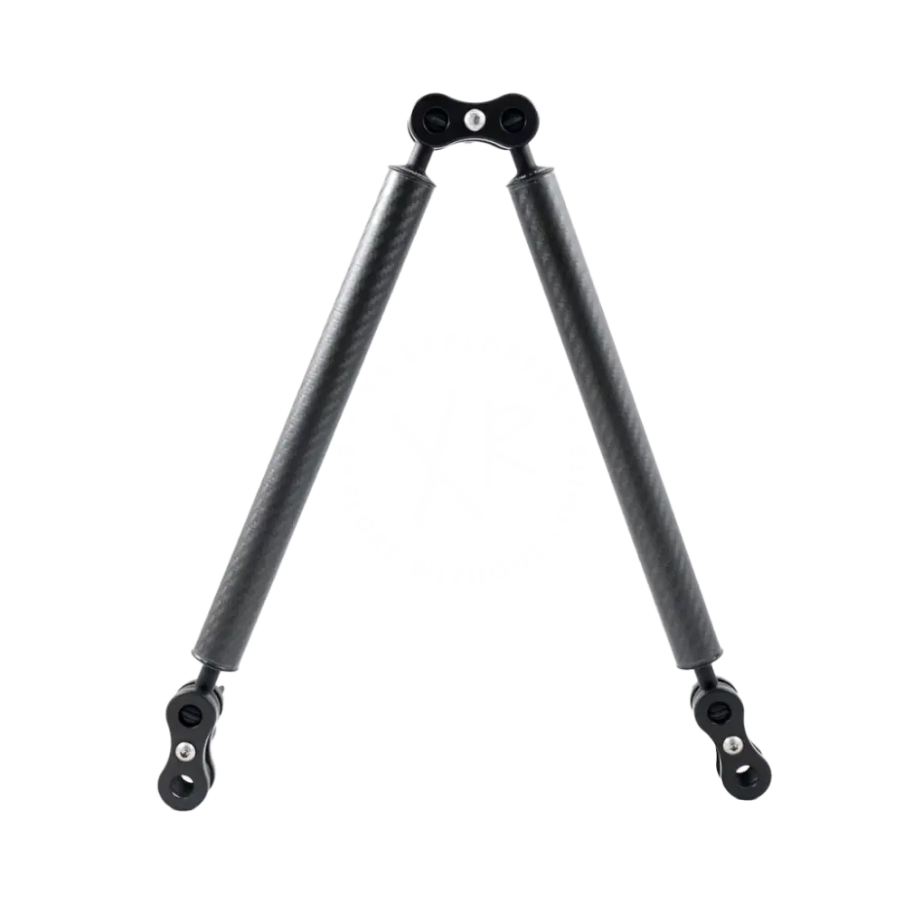 Black carbon fiber camera stabilizer with adjustable arms and mounting hardware from carbon arm standard kits