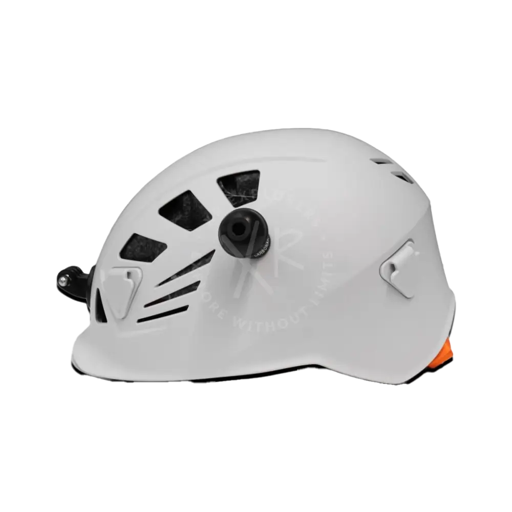White hard-shell Carbonarm climbing helmet with black ventilation slots and orange accent on the chin strap