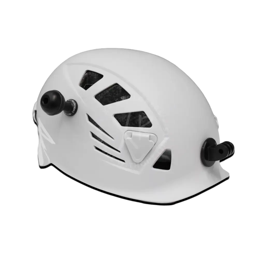 White carbonarm climbing helmet with black ventilation slots and adjustable side buckles for safety and comfort