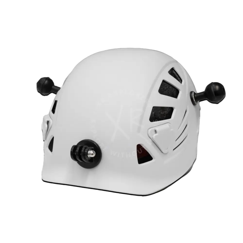 White carbonarm helmet with hard-shell design black adjustable straps and ventilation slots shown from the front