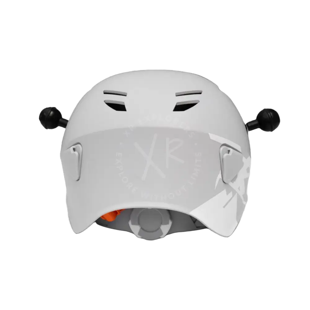 White carbonarm ski helmet with black ventilation slots and adjustable side straps for secure fit