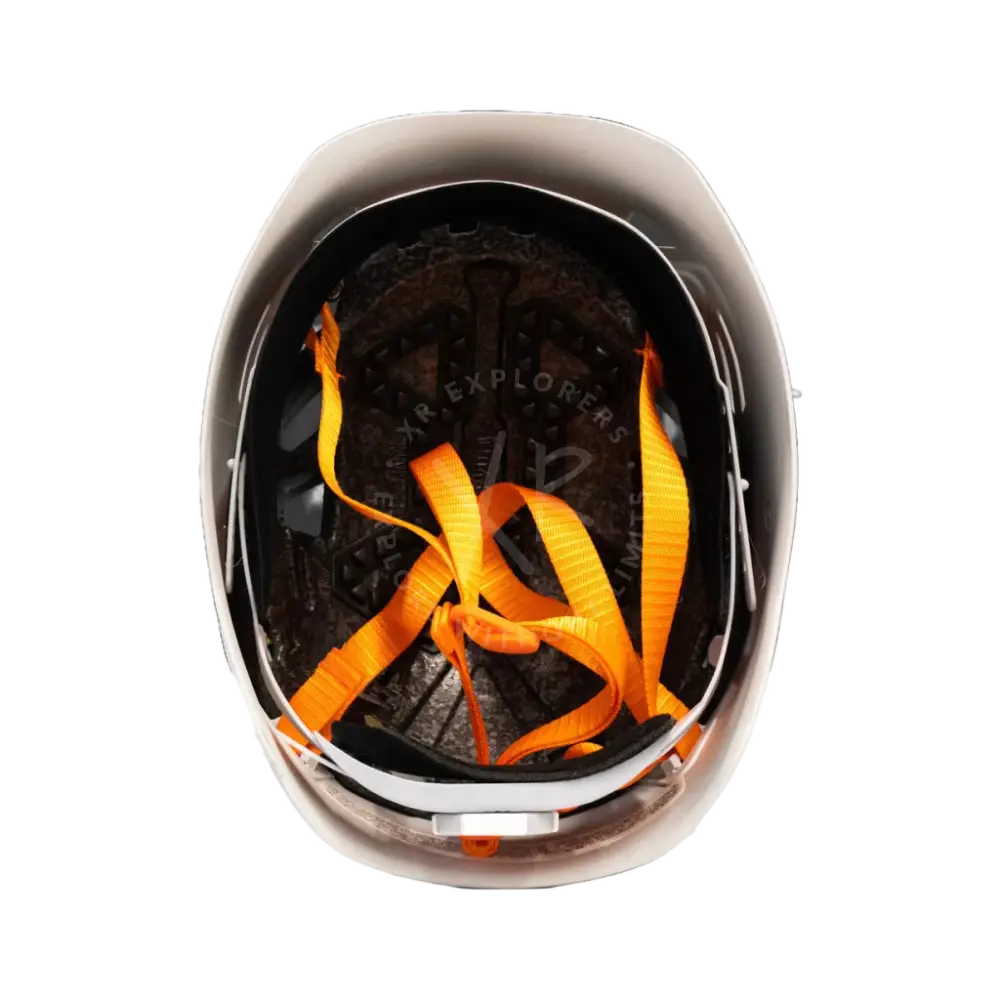 Carbonarm helmet white hard-shell with bright orange adjustable straps and black padded interior for safety use