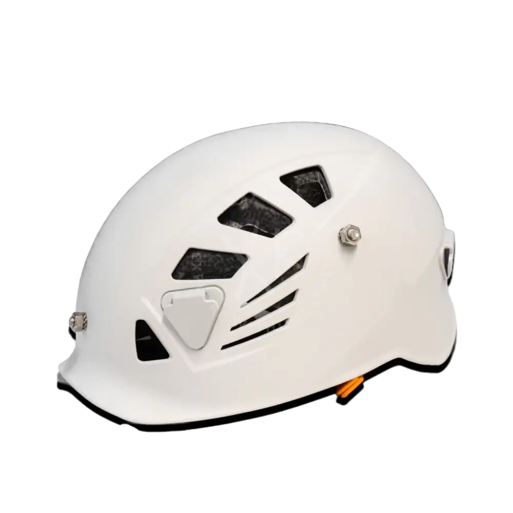 White carbonarm climbing helmet with black ventilation slots and silver adjustment knob for safety and comfort