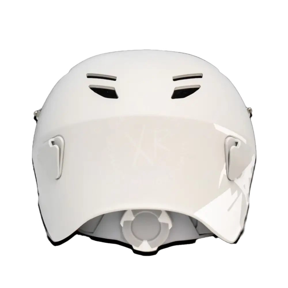White carbonarm ski helmet with sleek aerodynamic design and ventilation slots for enhanced airflow and safety