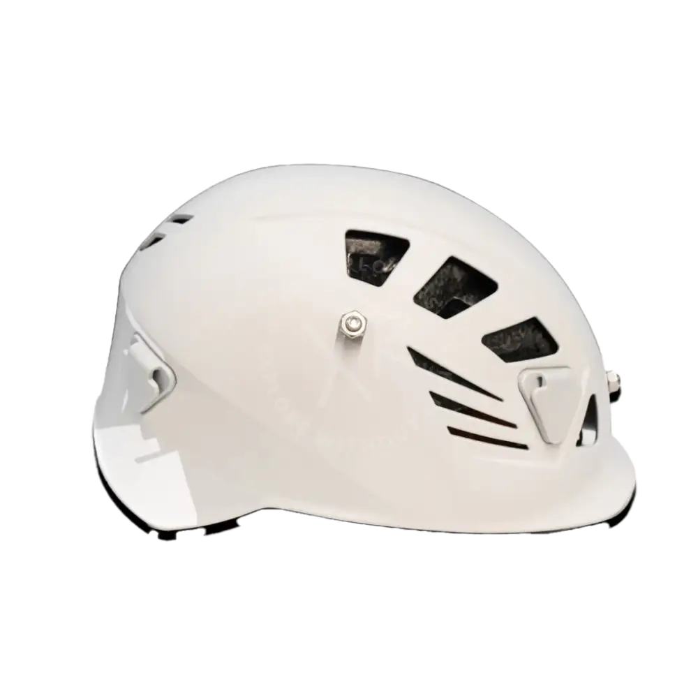 White carbonarm climbing helmet with black ventilation slots and adjustable side straps for secure fit
