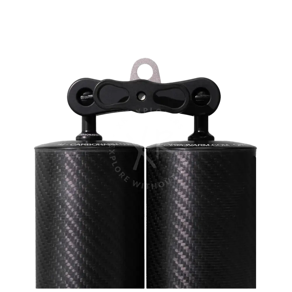 Extra long clamp featuring black carbon fiber cylindrical canisters with sleek textured surface and matching handle assembly