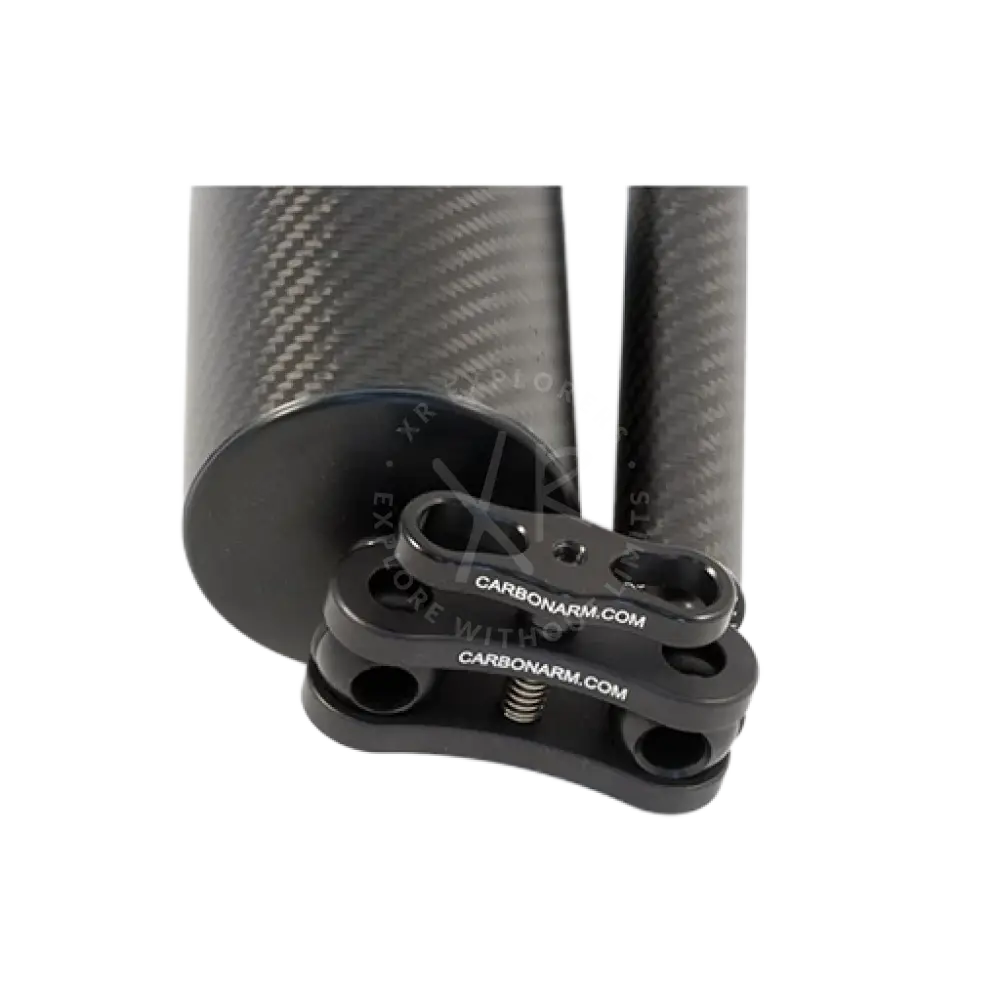 Black carbon fiber camera support arm with textured finish and adjustable clamp from carbon floating arms product line