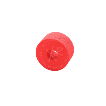 Bright red cylindrical foam roller with a central hole for lightweight 150g floating ring exercise and therapy use