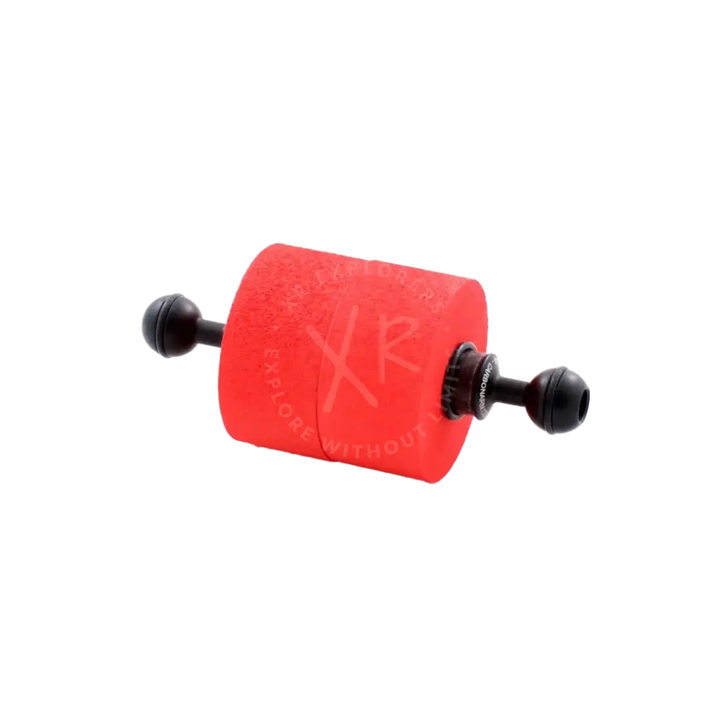 Bright red cylindrical foam roller with black spherical end caps and central mounting bracket floating ring 150g