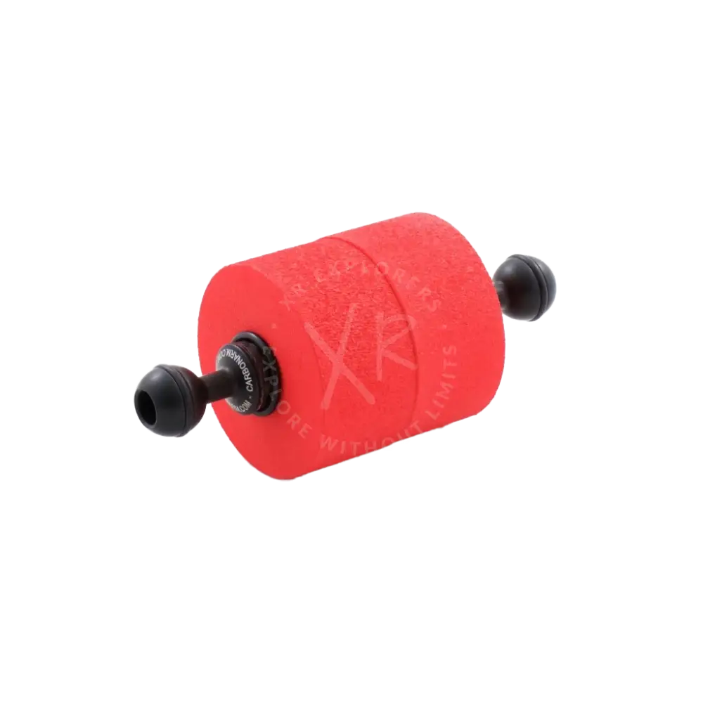 Red foam roller floating ring 150g with black spherical ends and central mounting hub for fitness and recovery