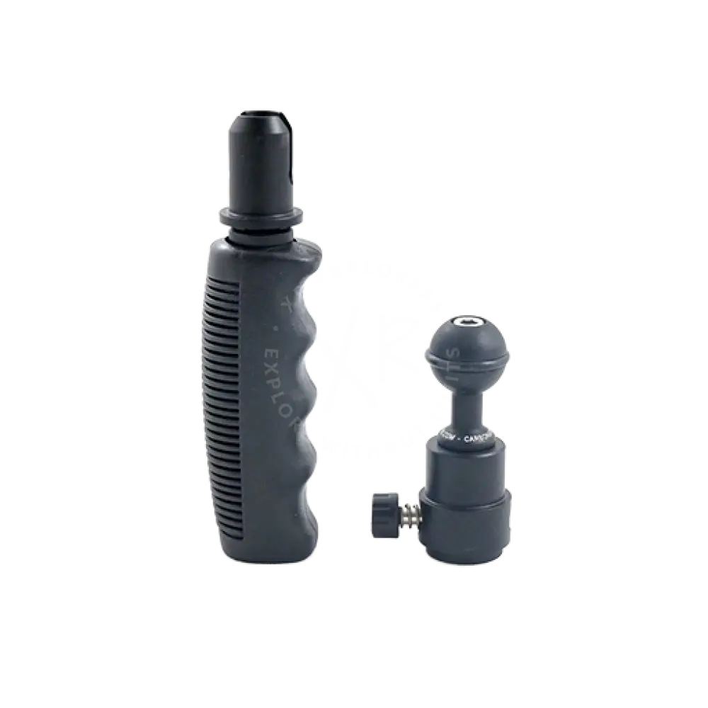 Black rubberized grip handle with textured ridges and matching ball mount adapter for quick release use